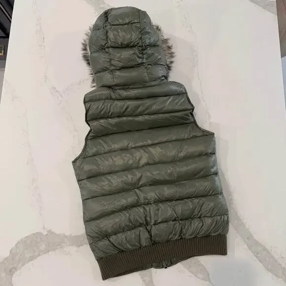 American Eagle Down Puffer Vest Faux Fur Removable Zipper Hood Women's Medium - Picture 7 of 9